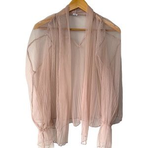 Oneday By Korea Sheer Oversize Bell Sleeve VNeck Pussycat Bow Blush Blouse Med